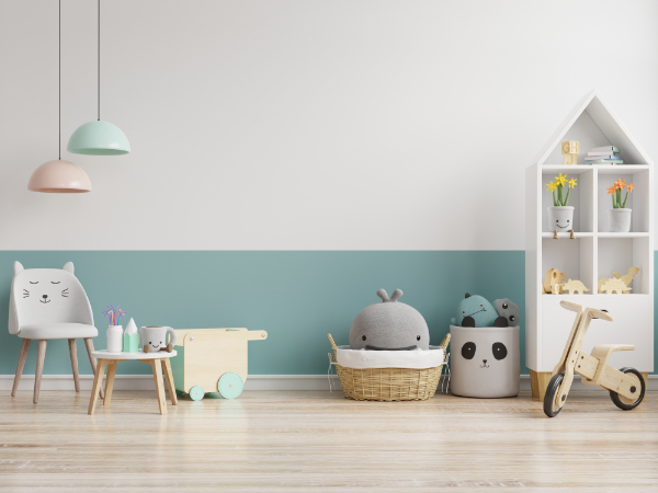 Mock up wall in the children’s room in white and blue color wall background.